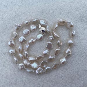 Keshi freshwater pearl necklace, White keshi shaped 8-9mm genuine pearls, Hand knotted, 18 inches, Sterling silver clasp, Wedding gift