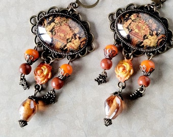 Boucles d'oreille baroques "Marqueteries", meuble de mariage 17ème  ,métal bronze , verre indien orange , Howlite marron , patine orange