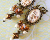 Japanese-style quot Magnolia quot flowery cabochon curls, bronze metal, iridescent brown Bohemian glass, white Howlite stone