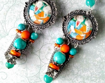 Boucles d'oreille ethniques" TWINS" jumeaux céramique  Dynastie Qing 19ème  ,métal argenté , Nacre et Jade turquoise , Howlite orange