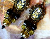 Baroque earrings quot arabesques quot cabochon glass illustrated 18th, bronze metal, Bohemian glass faceted yellow green, opaque black glass