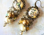 Japanese-style loops quot TANTO quot cabochon glass illustrated quot birds quot , bronze metal, iridescent Bohemian glass, white pearly glass