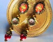 Baroque earrings quot Regency quot cabochon illustrated early XVIII, bronze metal, glass flower, red Bohemia glass
