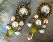 Baroque style quot magnolia quot illustrated glass cabochon, pink and white Czech glass, bronze, green jade earrings