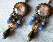 Baroque style earrings quot Pastoral quot Bergères 18th century glass cabochon, brass, Czech glass, natural sodalite gemstone