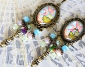 Baroque earrings quot Pompadour quot cabochons illustrated 18th, bronze metal, iridescent green Bohemian glass,Jade pink