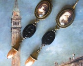 Baroque style earrings quot Venice quot glass cabochon illustrated 18th century, brass, Czech glass black, salmon pink glass Pearl