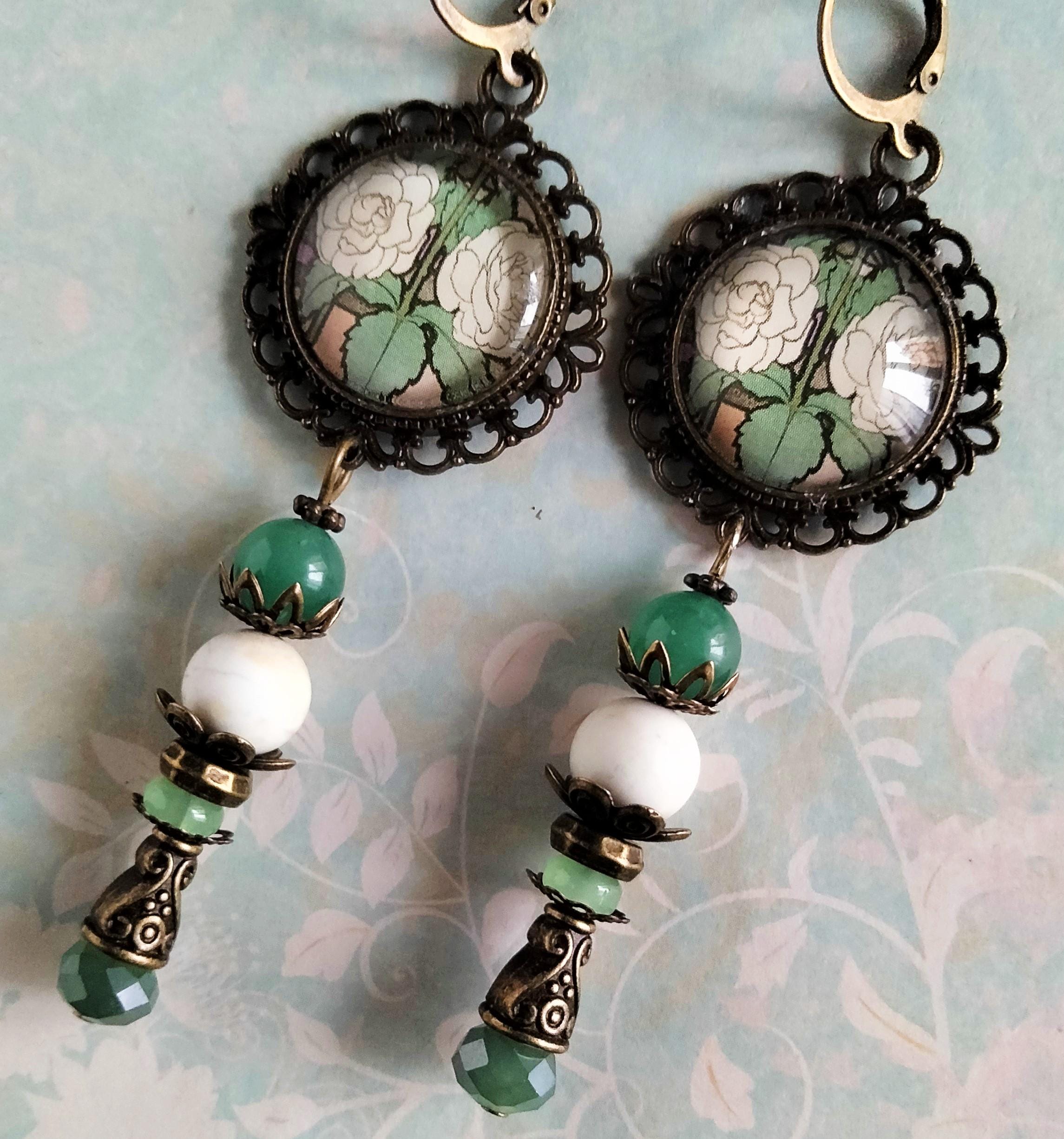 Boucles D'oreilles Longues Clous - Or Jaune & Jade Sculpté Orange Floral - Sans Emballage