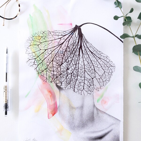 Illustration « Beauté défigurée #2 ».A4, Dessin original, stylo bic, feuille, cou, homme, multicolore, noir et blanc, décoration mural.