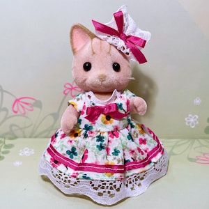 Mother Dress - Original Handmade Outfit for Calico Critters - Bright Pink, Green, and Yellow