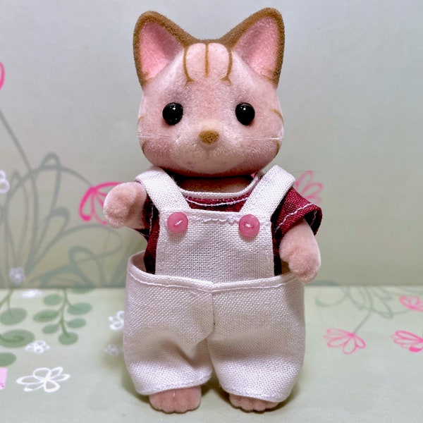 FATHER OUTFIT Original hand-made shirt/pants clothes for Calico Critters doll - Dark red shirt with overalls!