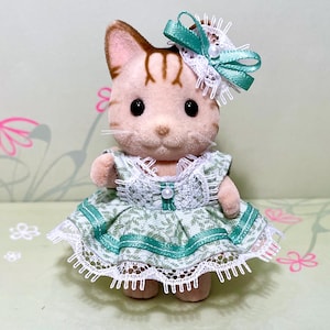 Sister Dress - Original Handmade Outfit for Calico Critters - Mossy Green with Ear Bow