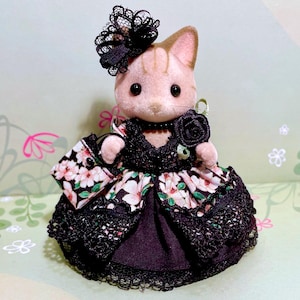 Fancy Mother Dress - Original Handmade Outfit for Calico Critters - Black with Pink Blossoms!