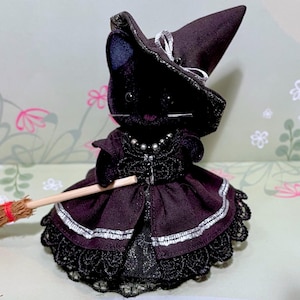 Witch Mother Dress - Original Handmade Outfit for Calico Critters - Black & Silver with Hat, Broom