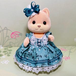 Mother Dress - Original Handmade Outfit for Calico Critters - Blue Floral with Ear Bow