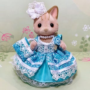 MOTHER DRESS Original hand-made clothes for Calico Critters doll - Bright Blue Beauty with Flowers!