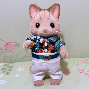 Father Outfit - Original Handmade Clothes for Calico Critters - Blue Shirt & White Trousers with Belt