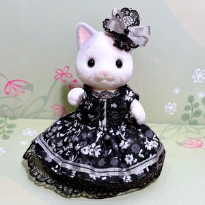 Mother Dress - Original Handmade Outfit for Calico Critters - Black Floral With Ear Bow