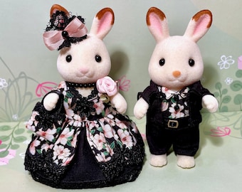 Matching DRESS & SUIT for mother/father - Original Handmade Clothes for Calico Critters - Pink and black!