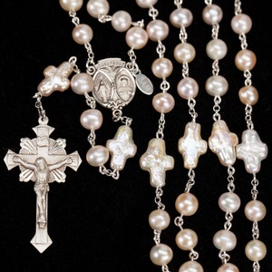 Cross Shaped Pearl Woman's Rosary Handmade with Freshwater Pearls, Sterling Silver and Ornate Crucifix. Rosaries Gift for Catholic Women image 1