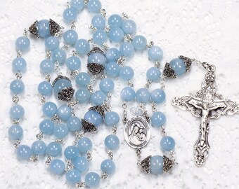 Blue Aquamarine Catholic Rosary - Handmade, Heirloom Gift for Women - Ornate Marcasite Sterling Silver Beads, Our Lady of Good Counsel Medal