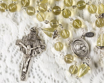 Lemon Quartz Catholic Rosary - Handmade Gift, Marcasite Sterling Silver, Our Lady of Good Counsel Center - Heirloom, Custom, Unique Rosaries