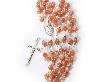 Orange Sunstone Catholic Women's Rosary - Bali Sterling Silver, Miraculous Mother Center - Custom, Handmade Heirloom Rosaries - Confirmation