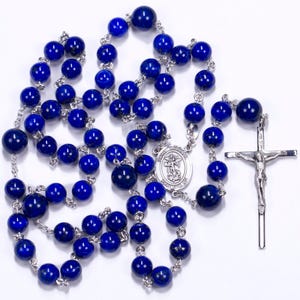 Blue Lapis Catholic Rosary Handmade, Heirloom Custom Rosaries St. Michael Archangel Center, Simple Crucifix Gifts for Men or Dad image 1