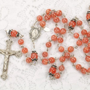 Rhodochrosite Swarovski Crystal Catholic Rosary Handmade Gift for Women Sterling Silver, Miraculous Medal Custom Heirloom Rosaries image 1