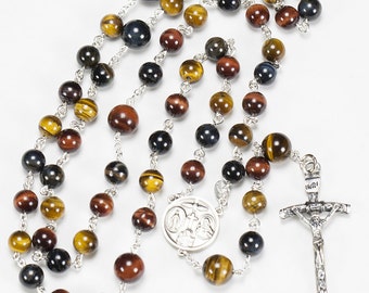 Tigers Eye Catholic Men's Rosary - Handmade, Custom Rosaries, Multi-Color Tiger Eye Beads, Sterling Silver, John Paul Crucifix, Gift for Him