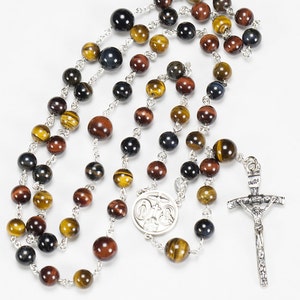 Tigers Eye Catholic Men&#39;s Rosary - Handmade, Custom Rosaries, Multi-Color Tiger Eye Beads, Sterling Silver, John Paul Crucifix, Gift for Him