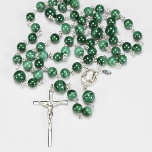 Green Malachite Rosary for Catholic Men Handmade Rosaries with Malachite Stone Beads, Sacred Heart of Jesus, Crucifix Gift for Him, Dad image 2