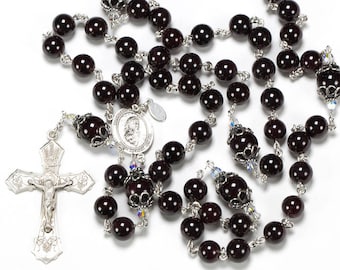 Garnet Swarovski Catholic Rosary - Handmade Vintage Gift for Her - Sterling Silver, Blessed Trinity Center - Custom Rosaries Gift for Women