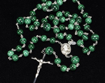 Green Malachite Rosary for Catholic Men - Handmade Rosaries with Malachite Stone Beads, Sacred Heart of Jesus, Crucifix - Gift for Him, Dad