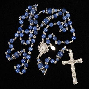 Blue Kyanite Rosary for Catholic Women Sterling Silver, Handmade, Custom, Unique, Heirloom Gift Rosaries, Ornate Miraculous Medal Center image 1