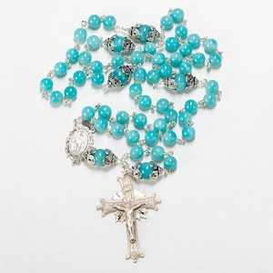 Amazonite Catholic Rosary Handmade Gift for Women Bali Sterling Silver, Ornate center Custom, Heirloom Rosaries for Confirmation image 1