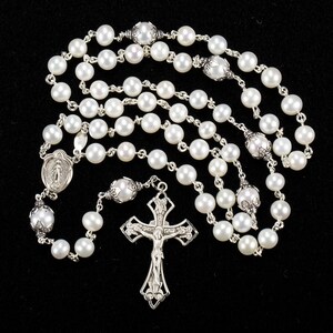 White, Freshwater Pearl Catholic Women's Rosary Handmade 5 Decade, Sterling Silver, Miraculous Center Heirloom Custom Gift for Her, Mom image 4