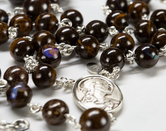 Boulder Opal Men&#39;s Rosary, Brown Opal Stones, Sacred Heart of Jesus Center, John Paul Crucifix Gift for Catholic Dads to Pray 5 Decades