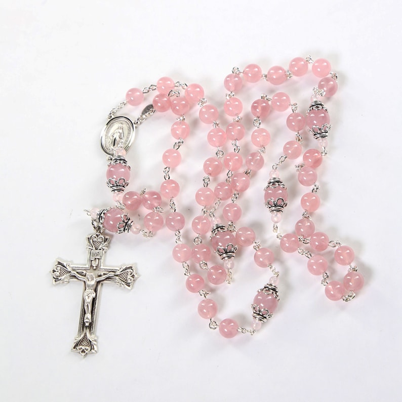 Pink Madagascar Rose Quartz Women's Rosary Handmade Gift for Her, Sterling Silver Bead Caps, Center, Crucifix Heirloom Catholic Rosaries image 2