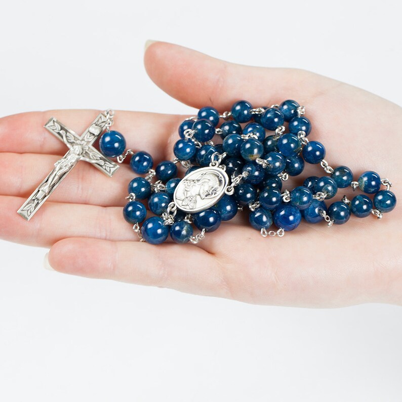 Apatite Blue Men's Catholic Rosary Beads, Apetite stones, Sacred Heart of Jesus Center, Crucifix Gift for Catholic Dads & Confirmation image 3