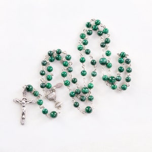 Green Malachite First Communion Rosary Handmade Gift for Boys - Chalice Center, Sterling Silver - Custom, Heirloom Rosaries