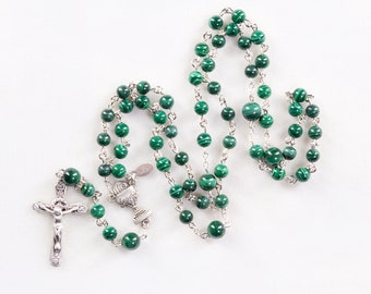 Green Malachite First Communion Rosary Handmade Gift for Boys - Chalice Center, Sterling Silver - Custom, Heirloom Rosaries