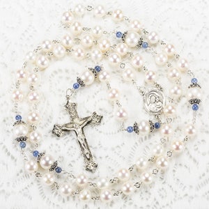 Mother of Mary Mantle Rosary Freshwater Pearls & Kyanite Handmade Heirloom, Unique Gift for Catholic Women and Mom, Bali Sterling Silver image 2