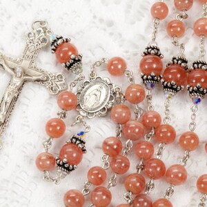 Rhodochrosite Swarovski Crystal Catholic Rosary Handmade Gift for Women Sterling Silver, Miraculous Medal Custom Heirloom Rosaries image 2