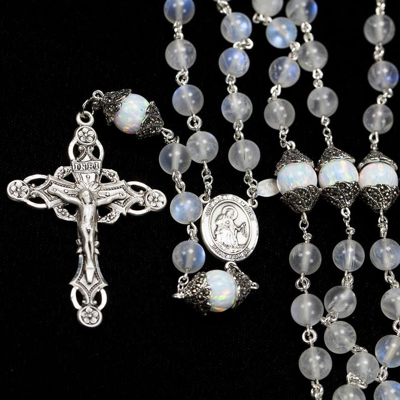 Rainbow Moonstone Women's Rosary Marcasite Silver, Our Lady of Mercy center, Ornate Crucifix Handmade Rosary with Engraving image 2