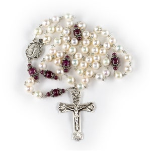 Pearl & Ruby Catholic Women&#39;s Rosary - Handmade Heirloom Gift, Sterling Silver, Miraculous Medal Center - Heirloom, Custom, Unique Rosaries