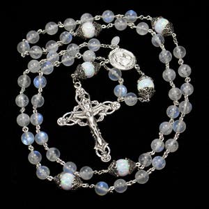 Rainbow Moonstone Women's Rosary Marcasite Silver, Our Lady of Mercy center, Ornate Crucifix Handmade Rosary with Engraving image 3