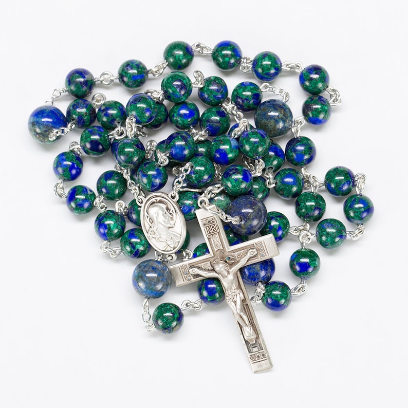 Azurite Men's Rosary Beads Handmade, Heirloom Catholic Man's Rosaries, Sacred Heart of Jesus, Sterling Silver Crucifix, Gift for Dad image 3