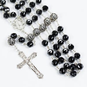 Black Spinel Catholic Rosary Handmade Rosaries Gift for Women & Mom Miraculous Medal, Bali Sterling Silver Heirloom Custom Prayer Beads image 1