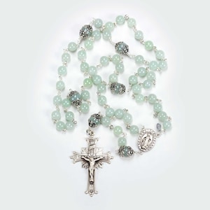 Green Jade Stone Rosary Beads, Catholic Women & Mothers, Sterling Silver, Miraculous Medal, Handmade, Unique, Custom Heirloom Gift for Mom image 2